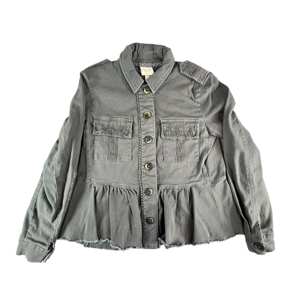 Knox Rose Jacket Womens Small Gray Embroidered Boho Button Up Pocket Flare